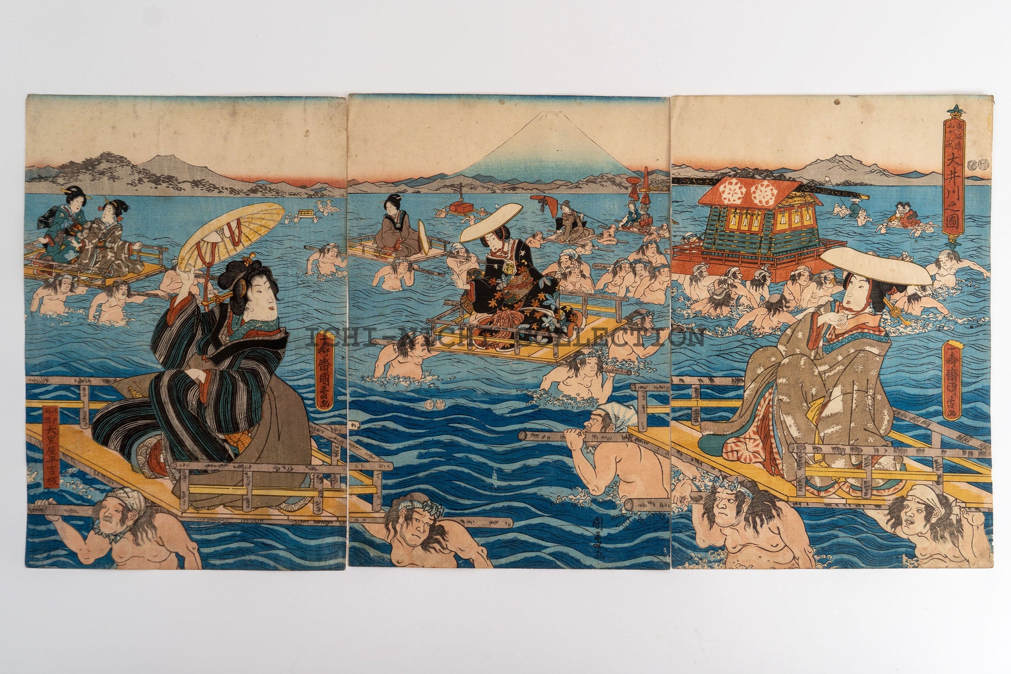 Original Utagawa Kunimasa II  woodblock triptych Oigawa River Edo period